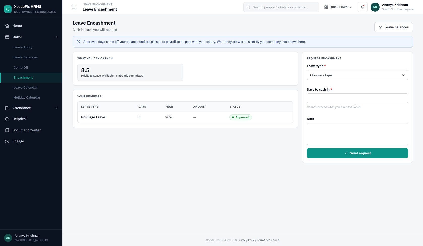 Leave encashment screen