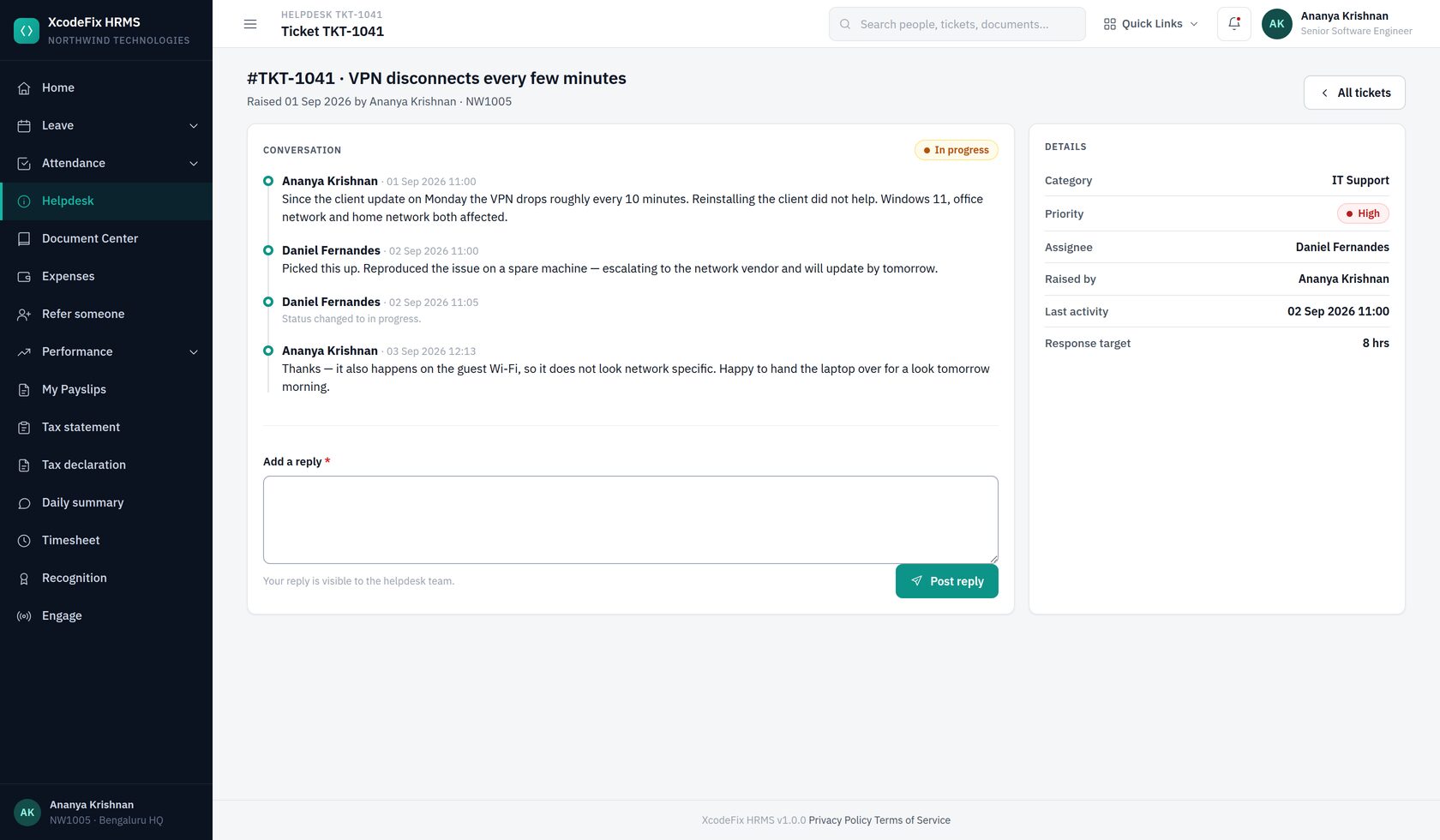 A helpdesk ticket thread