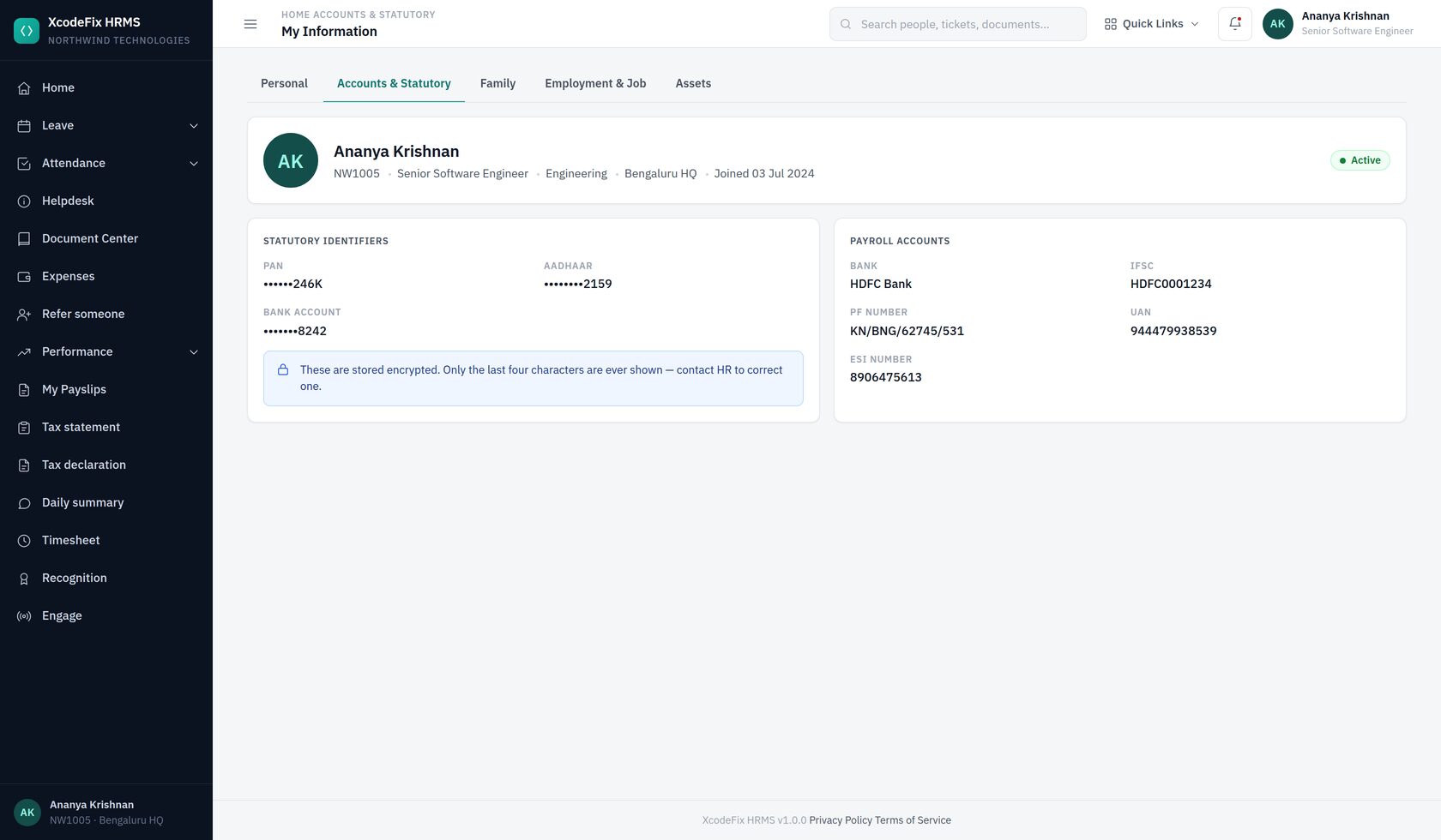My Information — accounts and statutory tab