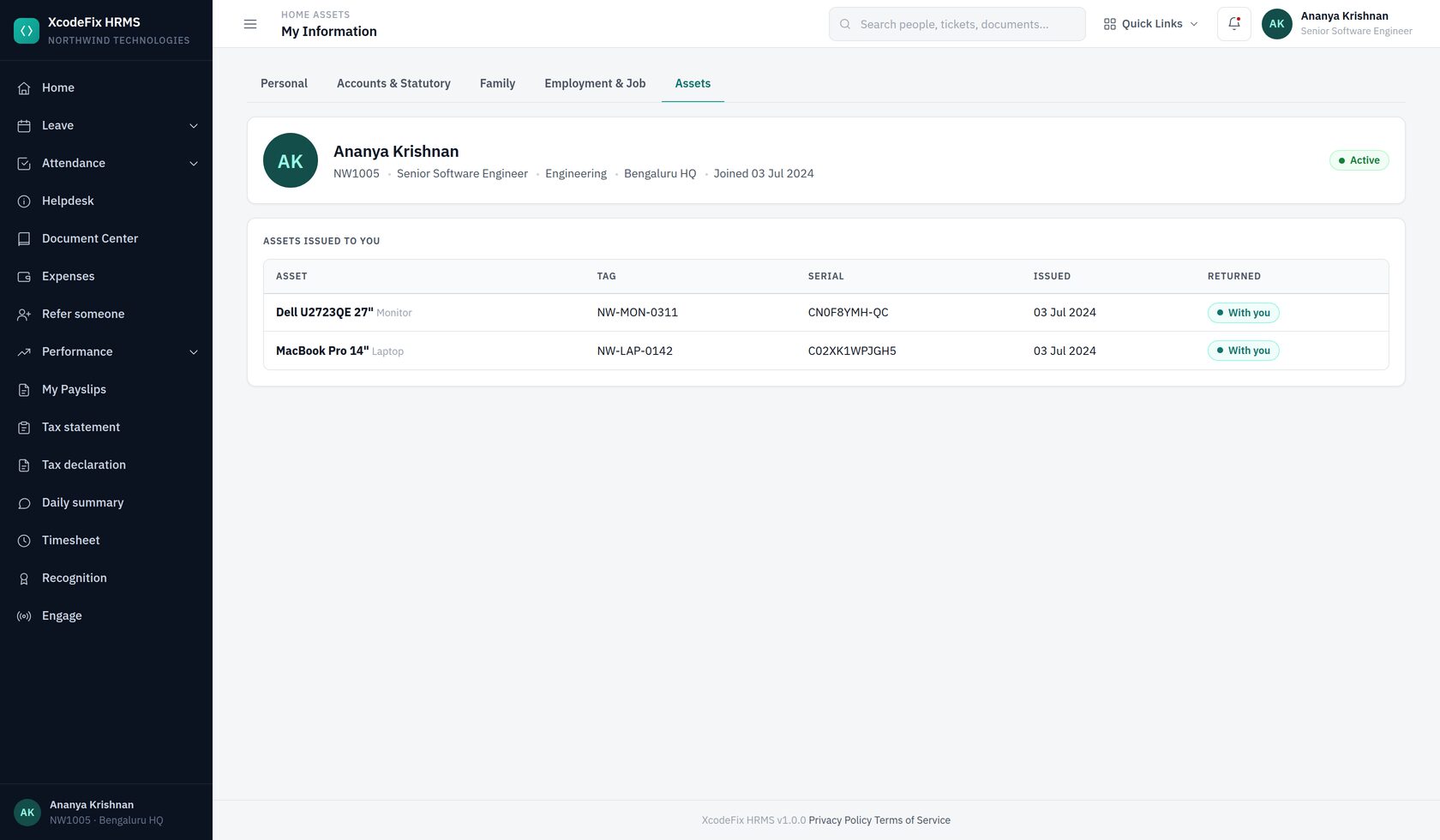 My Information — assets tab