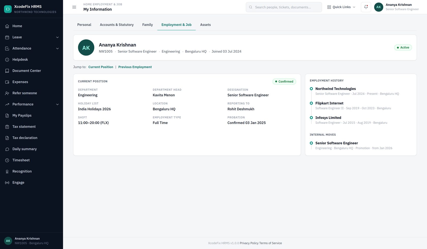 My Information — employment tab