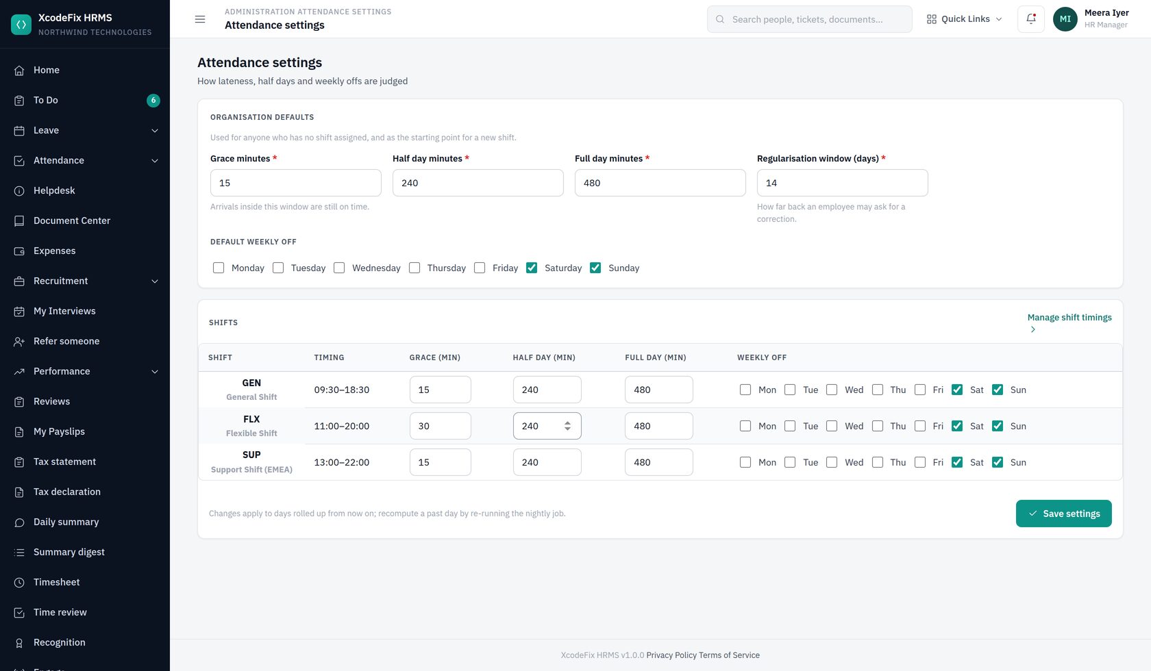 Attendance settings