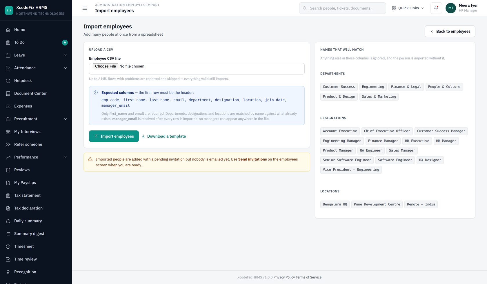 Employee import screen