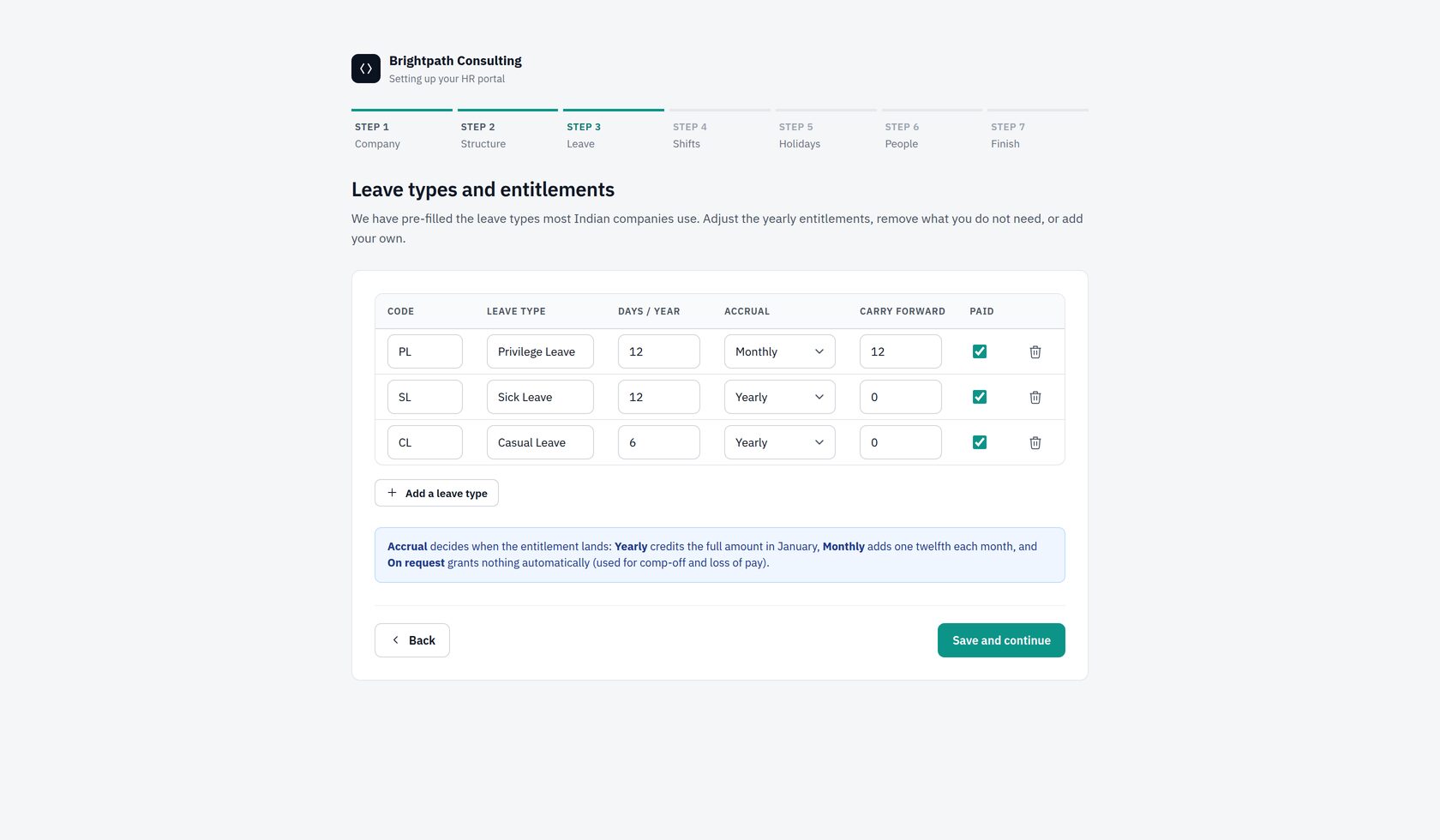 Wizard step 3: leave types and entitlements