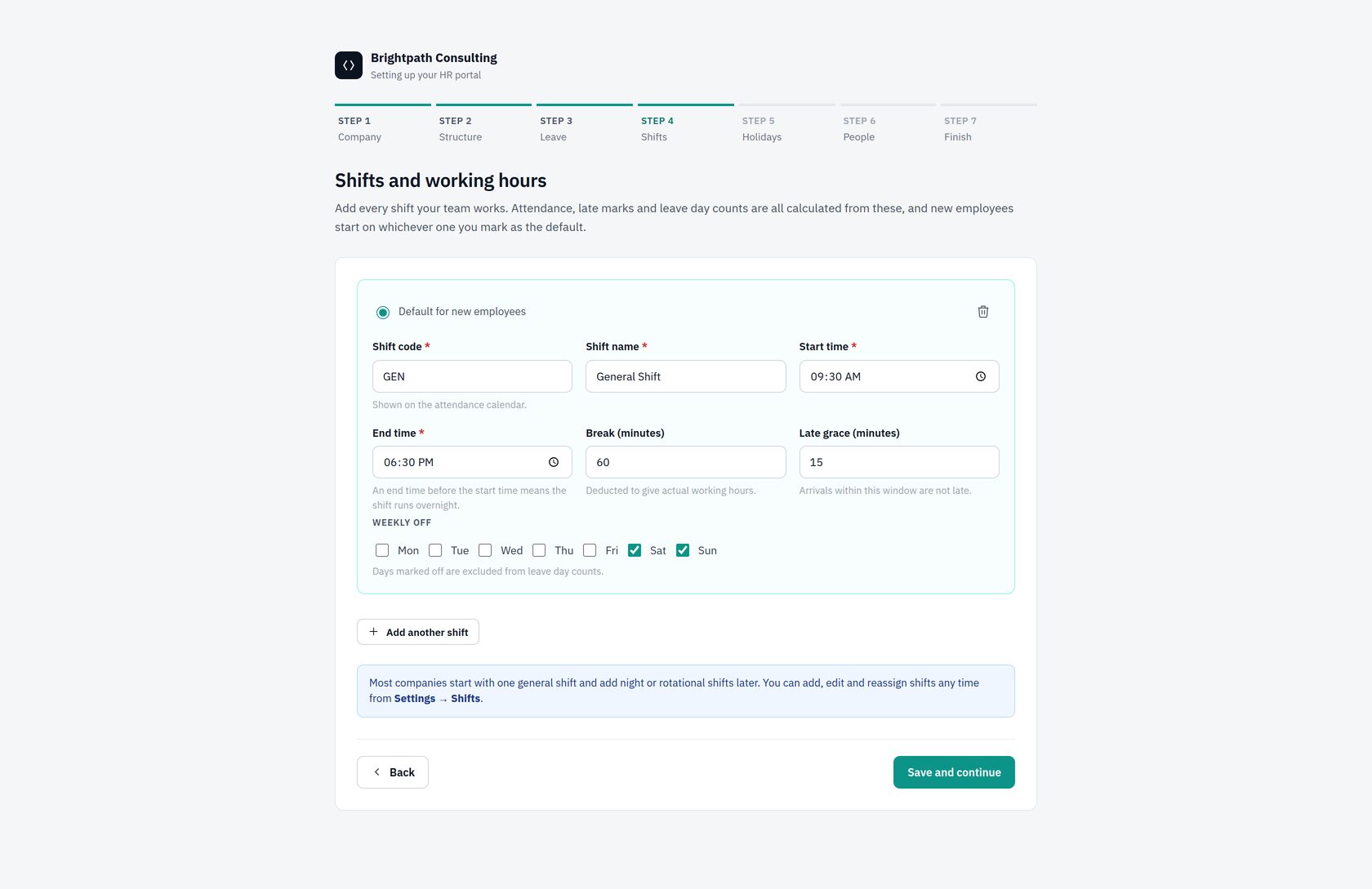 Wizard step 4: shifts and working hours